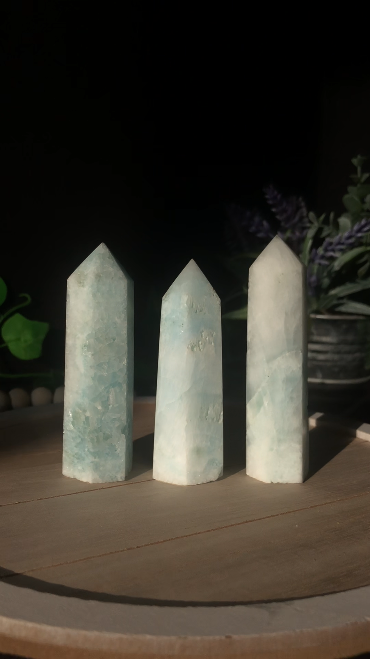 These beautiful Hemimorphite Aragonite towers are baby blue and white almost appearing like ice they are 3-4inches on average. Hemimorphite is a rare form of zinc silicate. It can occur in various shades of blue and green. It can also sometimes be white or colorless.  This Blue Hemimorphite tower is powerfully calming stone. 